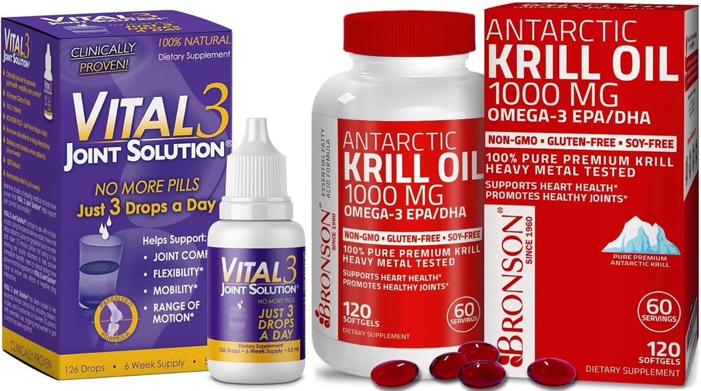 Vital 3 Joint Solution® Clinically Proven Liquid Knee Relief + Bronson Antarctic Krill Oil 1000 mg with Omega-3s EPA, DHA 2
