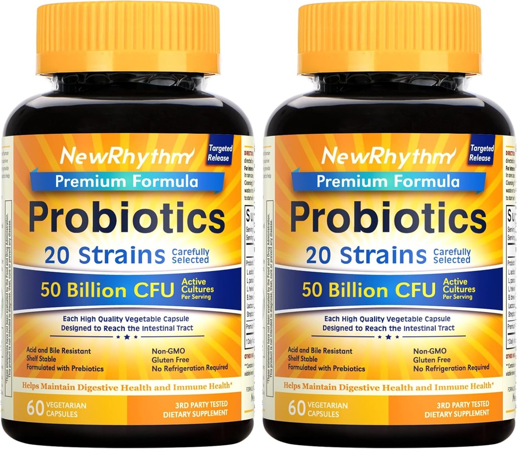 NewRhythm Probiotics 50 Billion CFU 20 Strains, 120 Veggie Capsules, Targeted Release Technology, Stomach Acid Resistant, No Need for Refrigeration, Non-GMO, Gluten Free 2