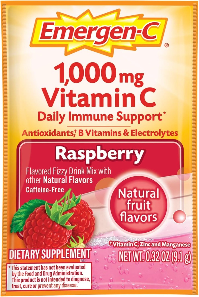 Emergen-C (30 Count, Raspberry Flavor, 1 Month Supply Dietary Supplement Fizzy Drink Mix with 1000mg Vitamin C, 0.32 Ounce Packets, Caffeine Free (Pack of 2) 5