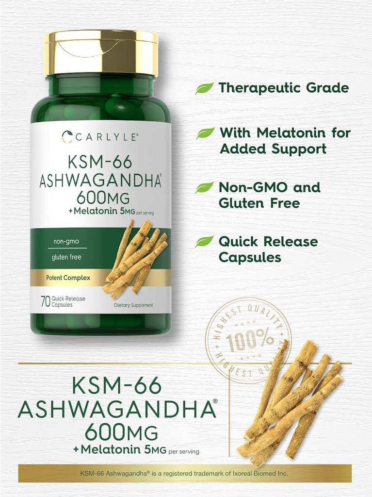 Carlyle KSM-66 Ashwagandha Capsules 600mg | 70 Count | with Melatonin 5mg | Potent Complex | Non-GMO, Gluten Free 4