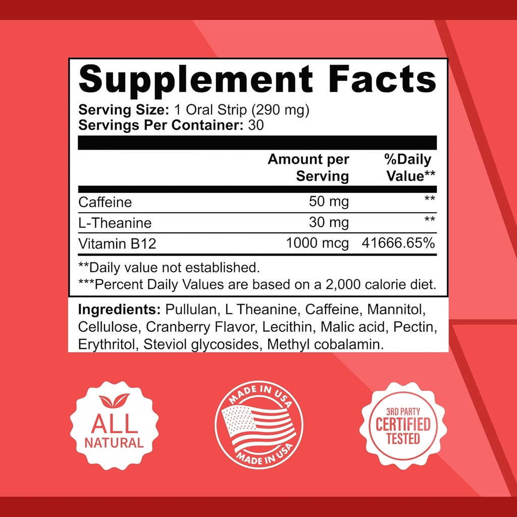 Natural Energy Strips – Cranberry Green Tea Caffeine with L-Theanine & Vitamin B12 – Fast Dissolving Oral Strips for Focus, Endurance & Energy – Vegan, Sugar-Free, 30 Count 4