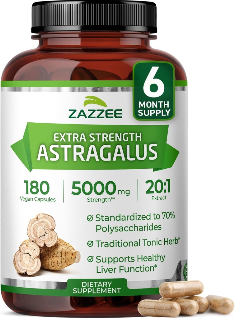 Zazzee Extra Strength Astragalus Root 20:1 Extract, 5000 mg Strength, 70% Polysaccharides, 180 Vegan Capsules, 6 Month Supply, 100% Vegetarian, Standardized and Concentrated 20X Extract, Non-GMO 2