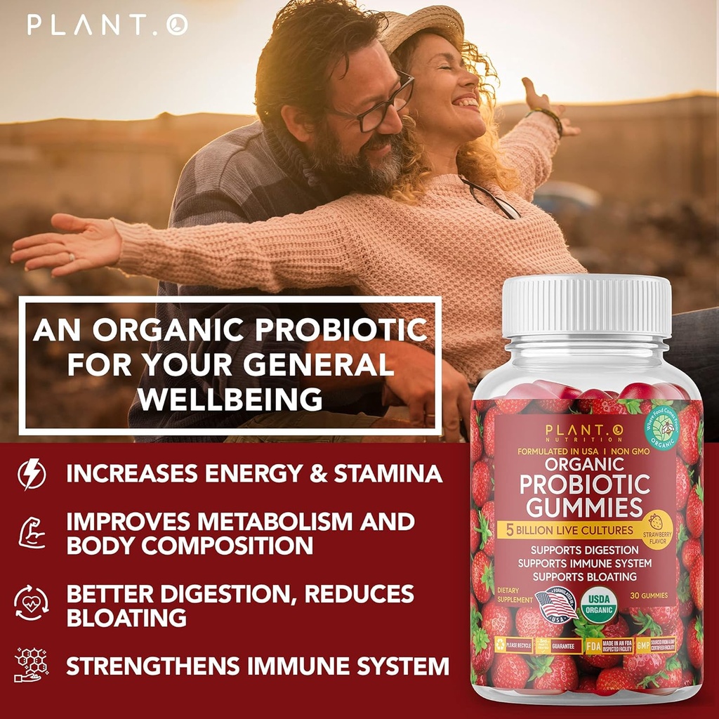 Plant.O Organic Probiotic Gummies for Women, Men & Kids [5 Billion CFUs USDA Certified] Help Support Digestion, Bloating, Constipation & Immune System, Strawberry Flavor, 30 Chewable Probiotics 6