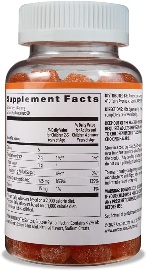 Basics Kids' Vitamin C 125mg Gummies, Orange, 60 Count, Immune Health, 2 Month Supply (Previously Solimo) 3