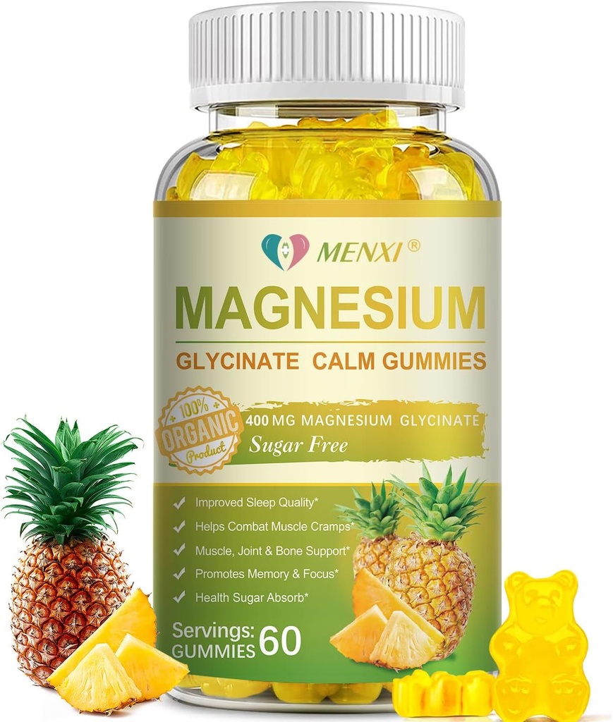 Magnesium Glycinate Gummies 400mg, Sugar Free Magnesium Taurate, Malate Supplement with Vitamin D, B6, CoQ10 for Relaxation, Stress Relief, Muscle, Bone & Sleep Support- 60 Pineapple Gummies 2