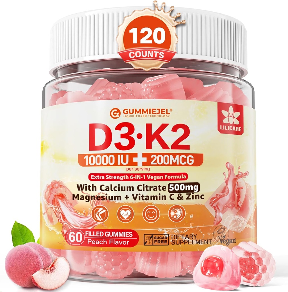 Vitamin D3 K2 Filled Gummies 5000IU / 10,000 IU with 500mg Calcium + K2(MK-7) 200mcg, Magnesium, Vitamin C & Zinc, Extra Strength - Ultimate Absorbency for Bones Muscles Teeth, Vegan -- Pack of 2 2