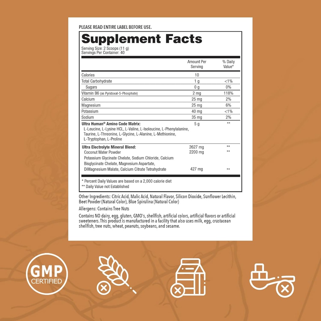 Ultra Human Amino Code | Essential Amino Acids + BCAAs + Coconut Water Electrolytes | Fast Hydration Workout Recovery Flavored Amino Energy Powder Drink | Clean Formula, 40 Servings - Dragonberry 3