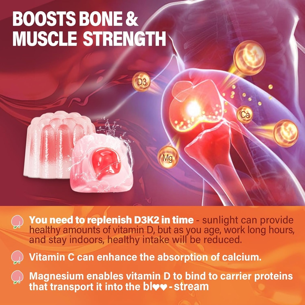 Vitamin D3 K2 Filled Gummies 5000IU / 10,000 IU with 500mg Calcium + K2(MK-7) 200mcg, Magnesium, Vitamin C & Zinc, Extra Strength - Ultimate Absorbency for Bones Muscles Teeth, Vegan -- Pack of 2 6