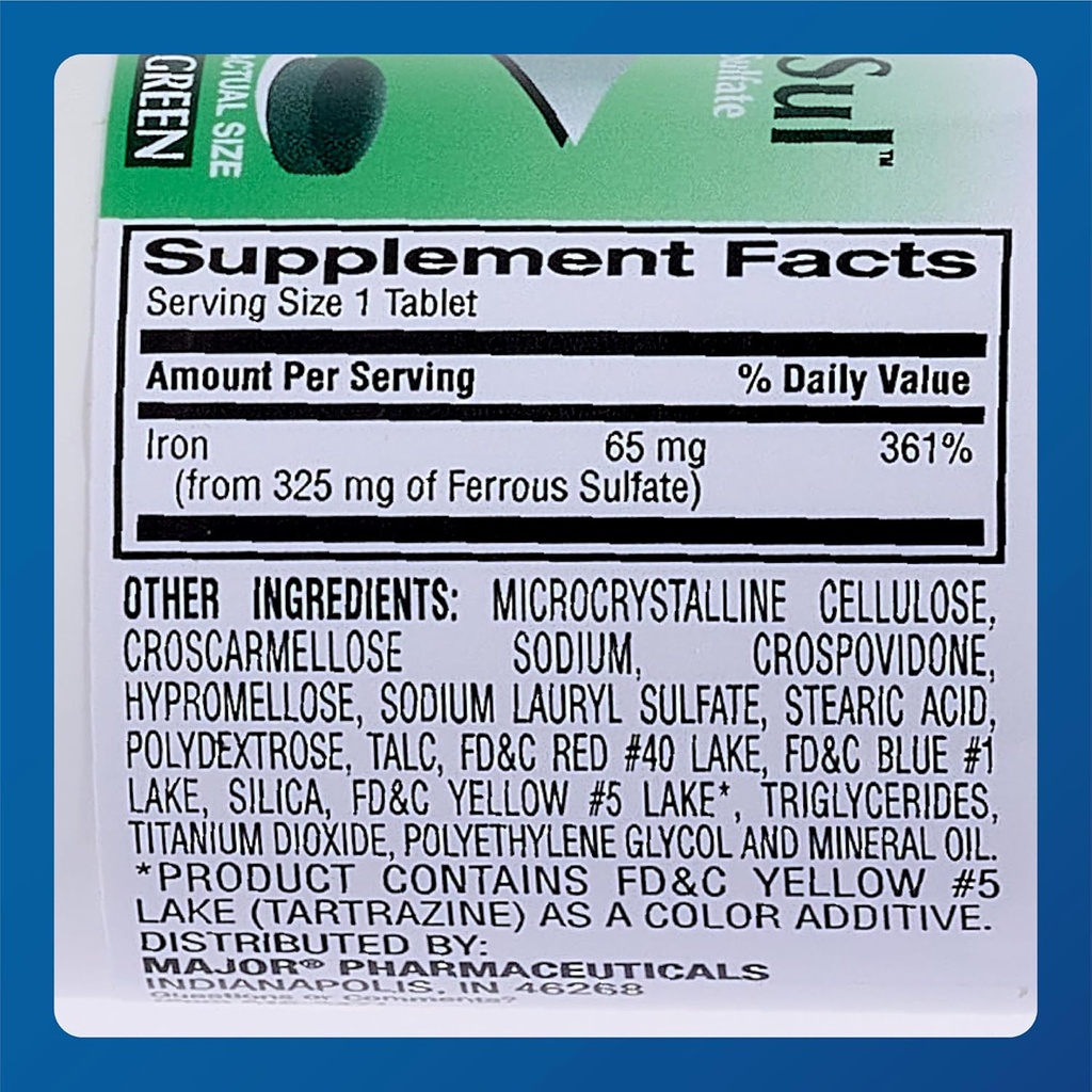 Major Ferosul - Ferrous Sulfate 325mg Tablets with 65mg of Elemental Iron - Iron Supplement for Women, Men - Green - 100 Tablets (6 Pack) 6