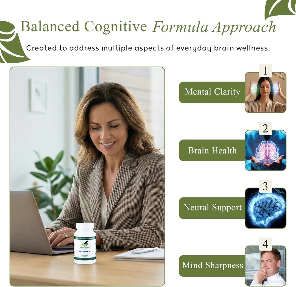 Memory - Natural Blend - Expert Formulated Supplement for Cognitive Wellness, Memory, & Neural Function - Premium L-Tyrosine, Phosphatidylserine, Bacopa Monnieri - 30 Capsules 1 Pack 5