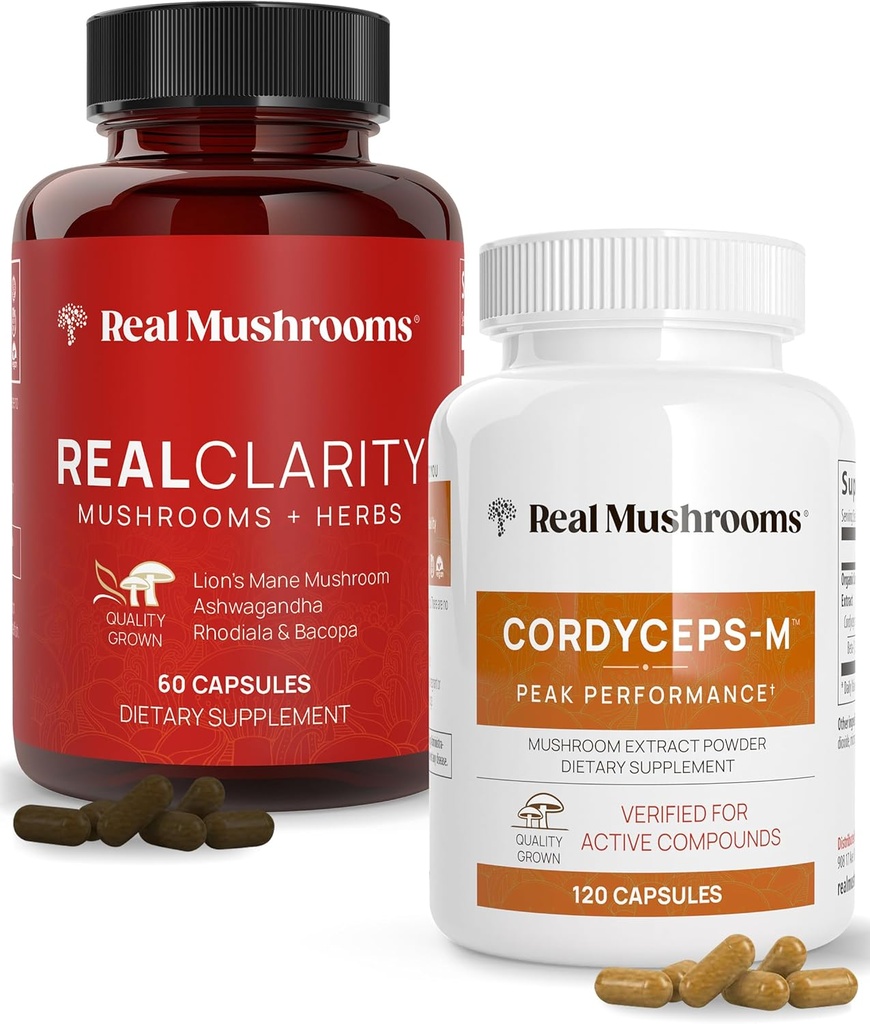 Real Mushrooms RealClarity (60ct) and Cordyceps (120ct) Capsules Bundle - Mushroom Supplement for Mental Clarity, Focus, Energy & Vitality - Vegan, Non-GMO, Verified Levels of Beta-Glucans 2