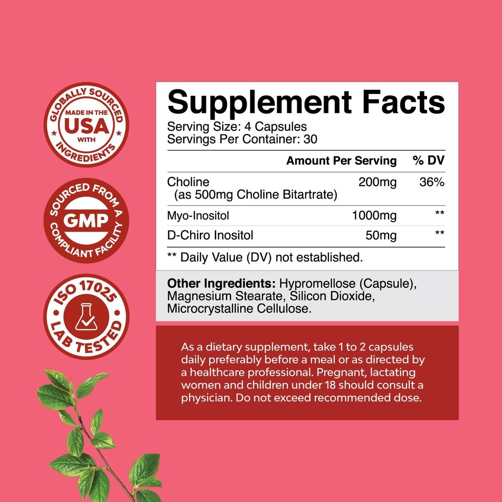 Myo-Inositol & D-Chiro Inositol Capsules - Choline Inositol Supplement for Cycle and Fertility Support - Womens Hormone Balance Supplement with Myo & D-Chiro Inositol Plus Choline Bitartrate 4