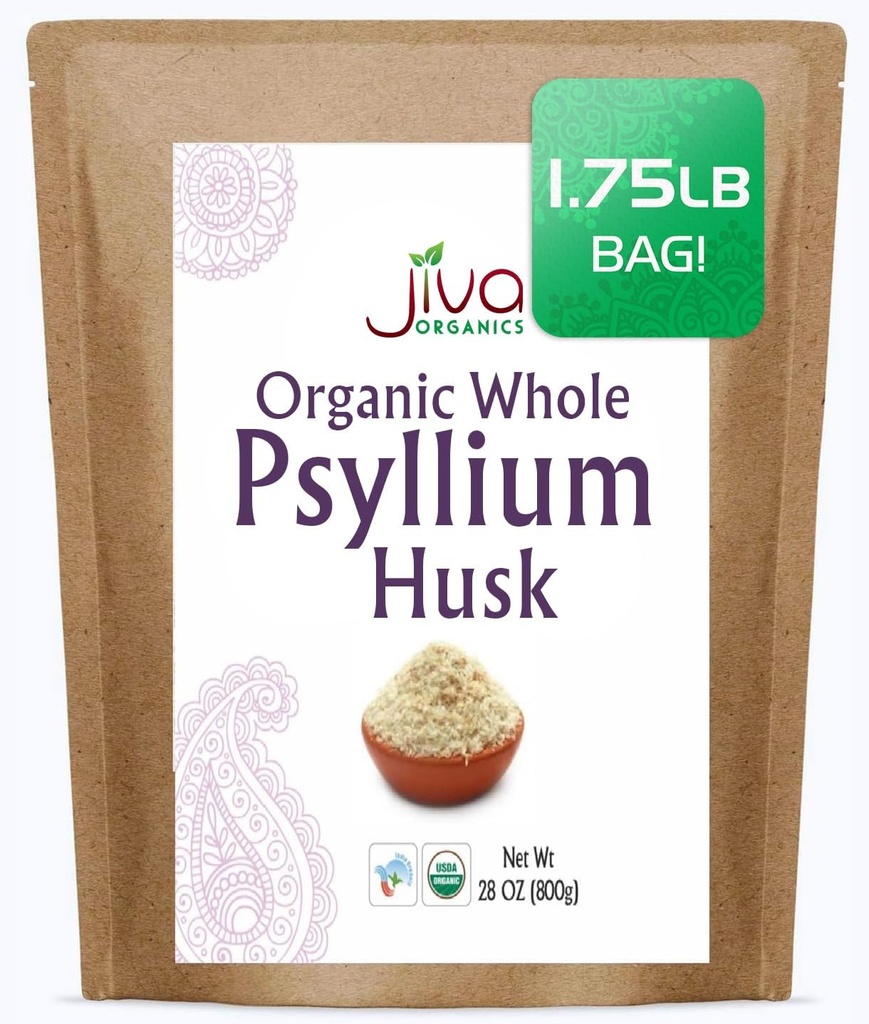 Jiva Organics Whole Psyllium Husk (Isabgol) 1.75 LB (28 Oz) Jumbo Bag - Non-GMO, Unflavored - Keto Friendly, Soluble Fiber 2