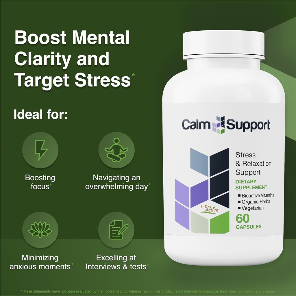 CalmSupport: Stress & Relaxation Support - Ashwagandha, Passion Flower, Valerian Root, Ginger, GABA, Velvet Bean, Motherwort, Oat Seed, Phyllanthus, L-Theanine, L-Tryptophan, Folate, C,B1,B6,B12,Zinc 3