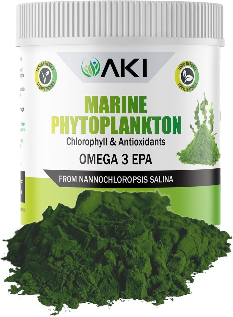 AKI Marine Phytoplankton Powder - Source of Raw Omega-3 EPA Micro Algae Nannochloropsis - Plant Based Proteins, Vitamins for Overall Wellness - Complete Protein Source, Vegan & GMO Free (2oz/57g) 2