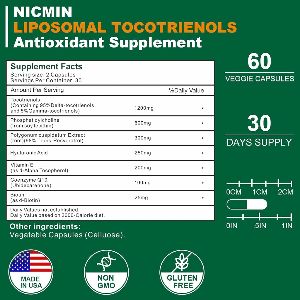 1200MG Vitamin E Tocotrienols Liposomal Tocotrienols Supplement with Phosphatidylcholine, 95% Delta-tocotrienols and 5% Gamma-tocotrienols, High Absorption for Heart, Brain Function 60 Capsules 3