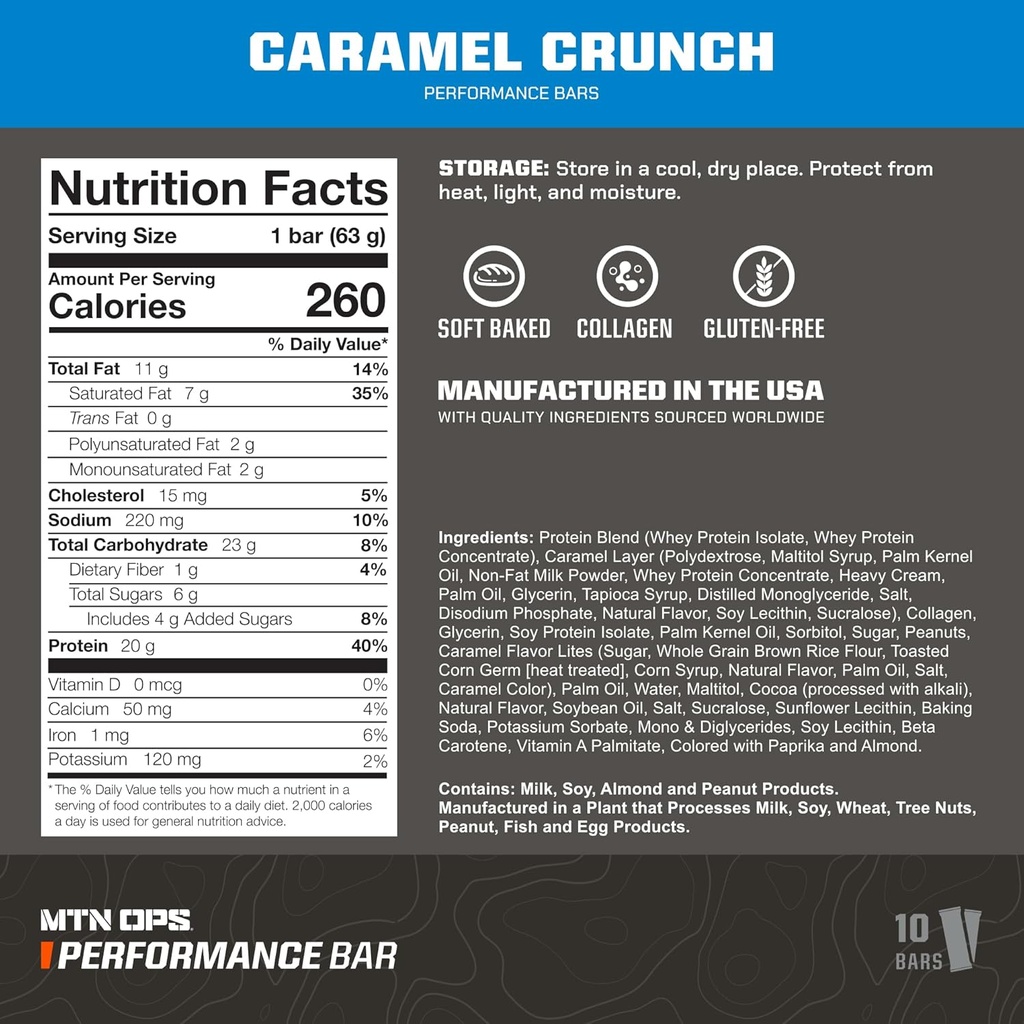 MTN OPS Caramel Crunch Protein Bars, High Protein with Whey Isolate & Whey Concentrate and Collagen, Low Sugar, Gluten Free, 10 Count 3