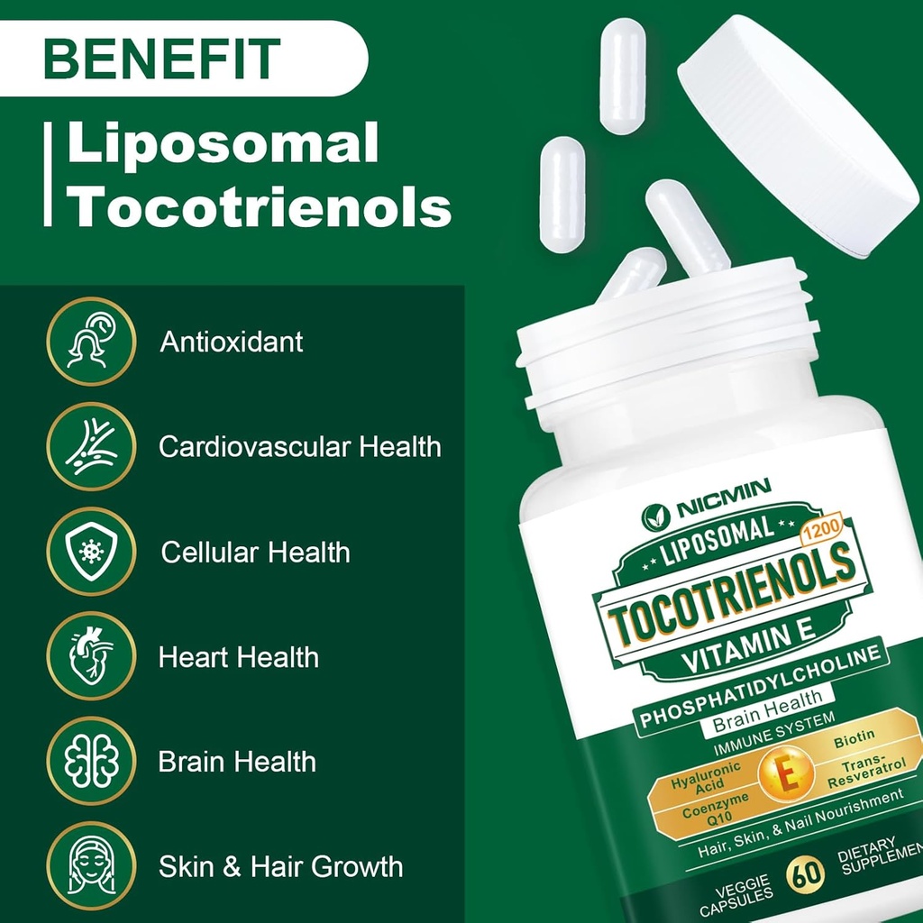 1200MG Vitamin E Tocotrienols Liposomal Tocotrienols Supplement with Phosphatidylcholine, 95% Delta-tocotrienols and 5% Gamma-tocotrienols, High Absorption for Heart, Brain Function 60 Capsules 5