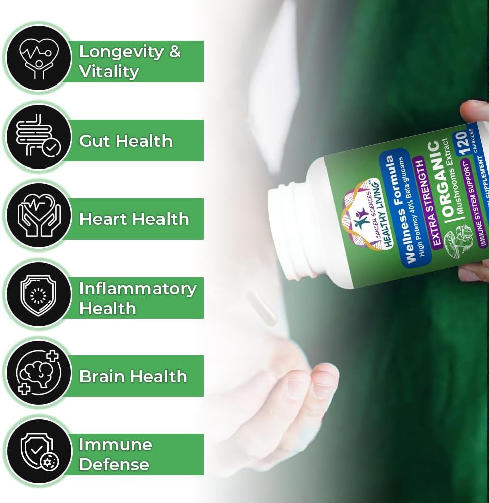 Cancer Sciences Organic Mushroom Supplement Capsules - 1,500mg Non-GMO Wellness Mushroom Complex 40% Beta-Glucans -Turkey Tail, Reishi, Cordyceps, Chaga Extract for Brain & Immune Support 120 Capsules 6