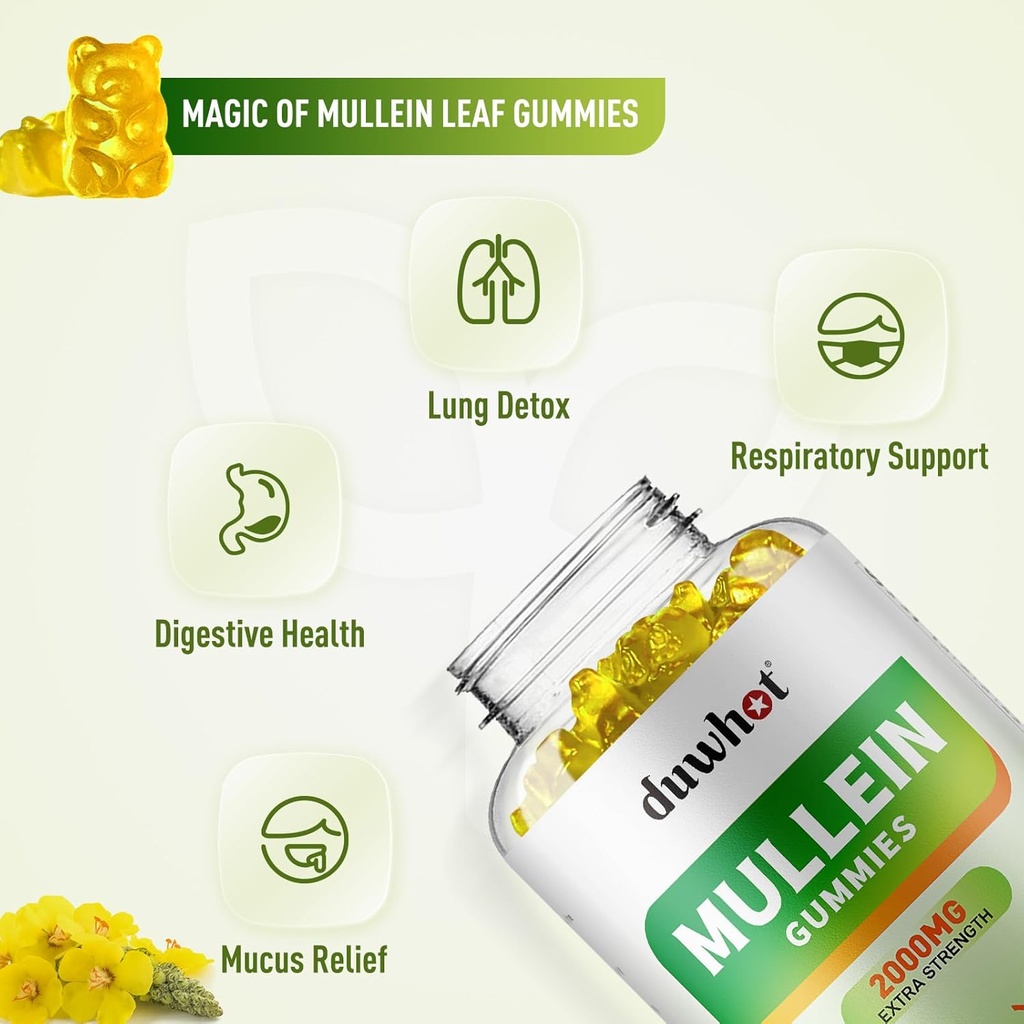 Mullein Gummies for Lung Detox, 2000mg Mullein Leaf Extract for Respiratory & Digestive & Immune Support, Organic Mullein Herb Supplement for Mucus Relief, Vegan, Pineapple, 60 5