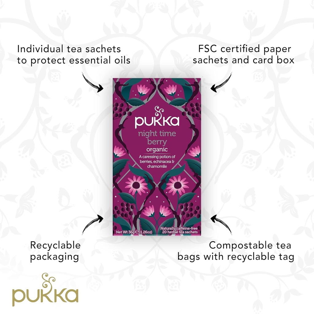 Pukka Organic Tea Bags, Night Time Berry Herbal Tea with Chamomile, Echinacea, and Elderberry, Perfect for Overnight Wellness, 20 Count (Pack of 3), 60 Tea Bags 6