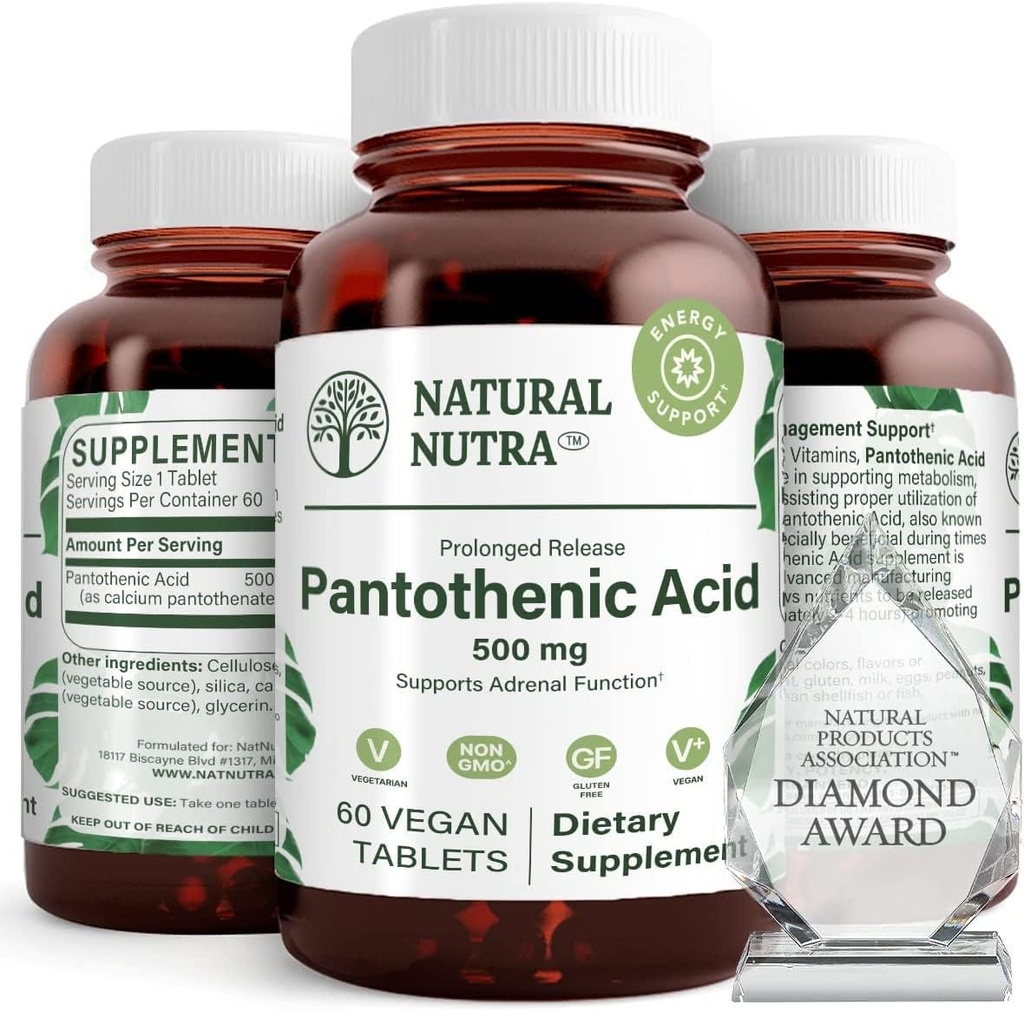 Natural Nutra Time Release Pantothenic Acid 500 mg, Vitamin B5 Supplement Helps Break Down Fat and Carbohydrates, Metabolism and Energy, Improve Muscle Health, 60 Vegetarian Tablets (2 Pack) 2
