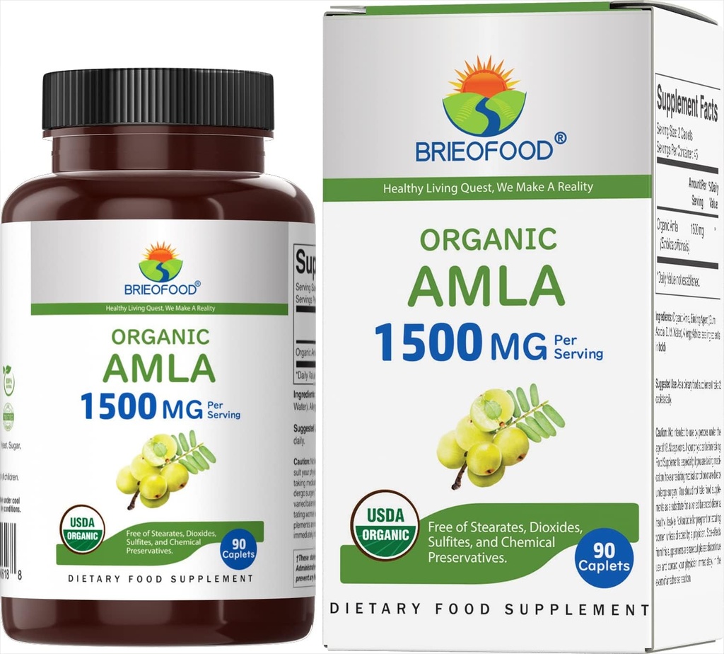 Brieofood Organic Amla 1500mg, 45 Servings, Vegetarian, Gluten Free, 90 Vegetarian Tablets 2