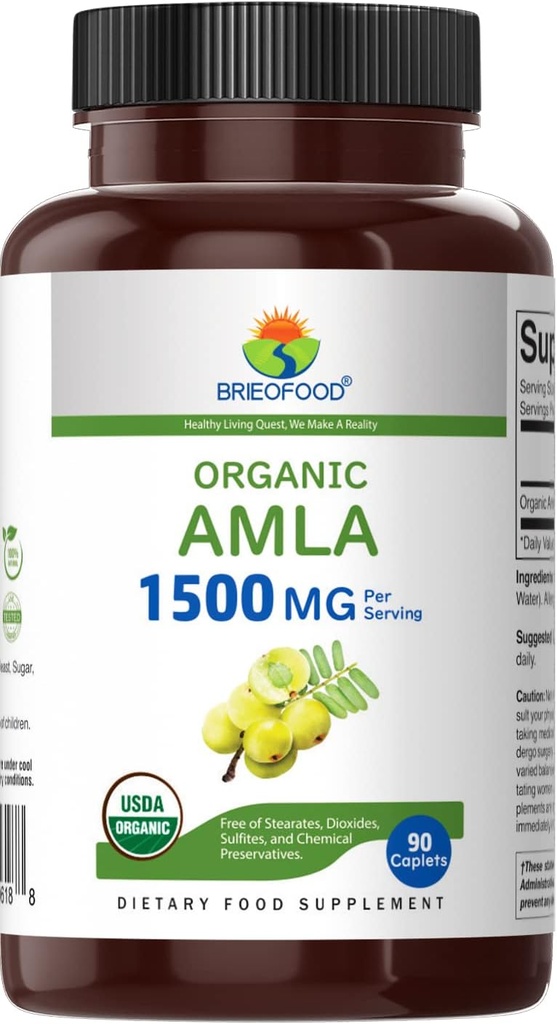 Brieofood Organic Amla 1500mg, 45 Servings, Vegetarian, Gluten Free, 90 Vegetarian Tablets 3