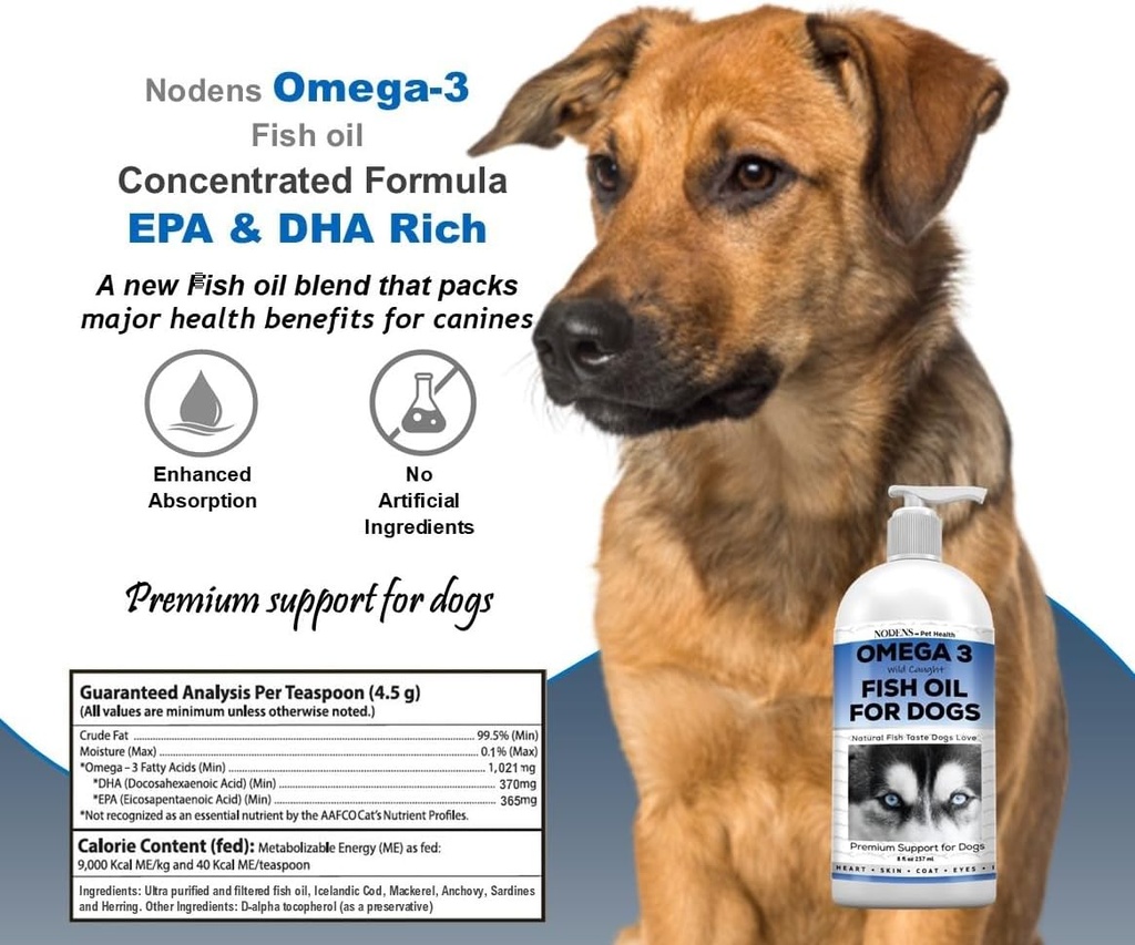Nodens Natural Fish Oil for Dogs 100% Pure Omega 3 Fish Oil Liquid Dog Skin & Coat Supplement, Reduce Shedding and itching. Omega 3 Fatty Acids EPA & DHA for Dog Joints, Immune Support & Digestion 6