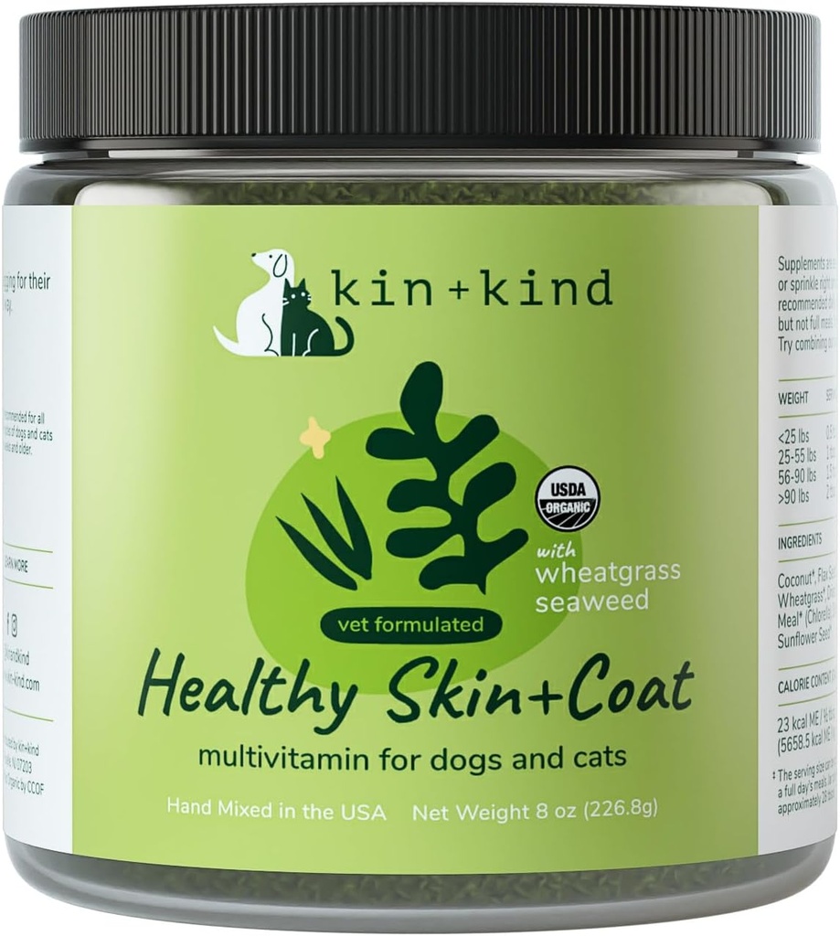 kin+kind Organic Multivitamin for Dogs & Cats - Pet Supplement for Healthy Skin and Coat - Safe, Natural Formula with Wheatgrass, Kelp, Seaweed and Coconut - Made in USA - 8 oz (Large) 2