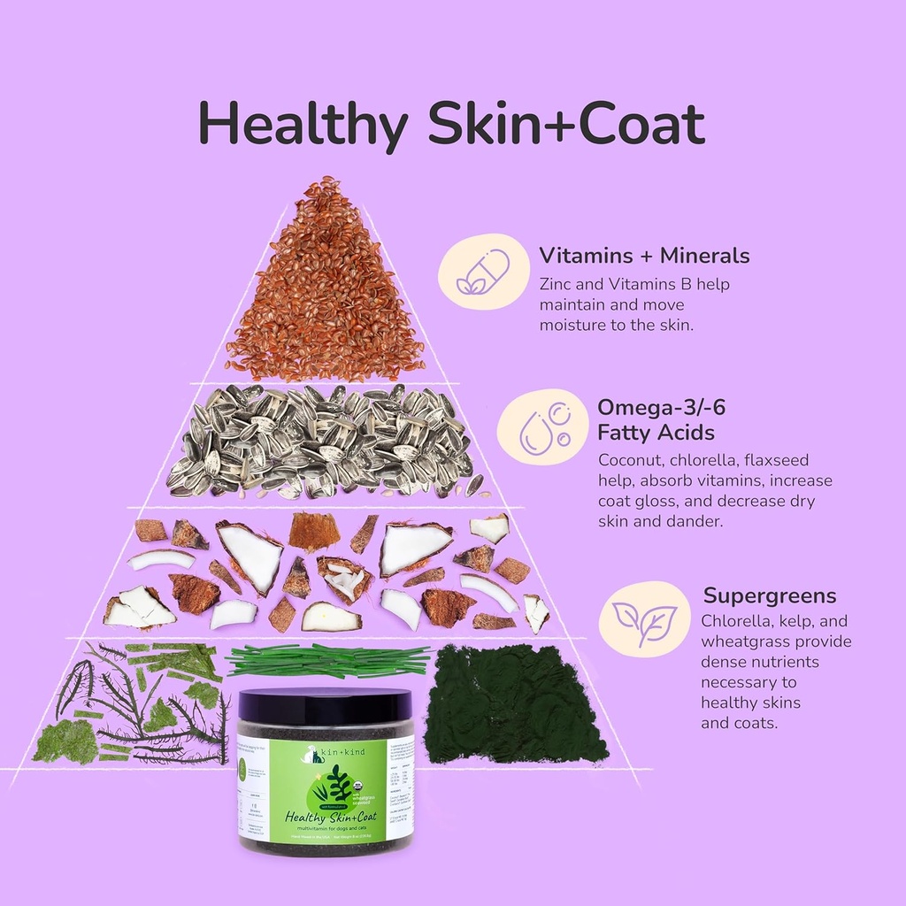 kin+kind Organic Multivitamin for Dogs & Cats - Pet Supplement for Healthy Skin and Coat - Safe, Natural Formula with Wheatgrass, Kelp, Seaweed and Coconut - Made in USA - 8 oz (Large) 3