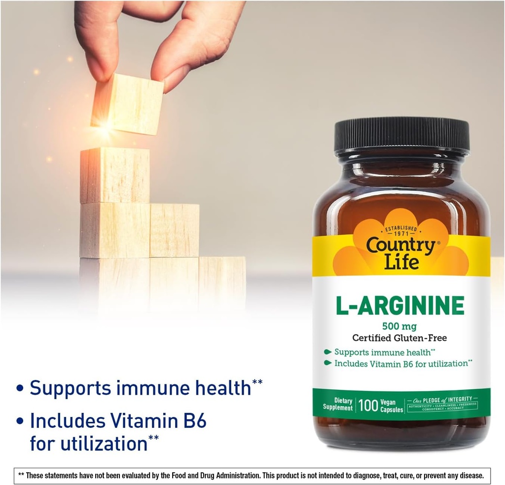 Country Life L-Arginine Caps with Vitamin B-6, 500mg, 100 Vegan Capsules, Certified Gluten Free, Certified Vegan 3
