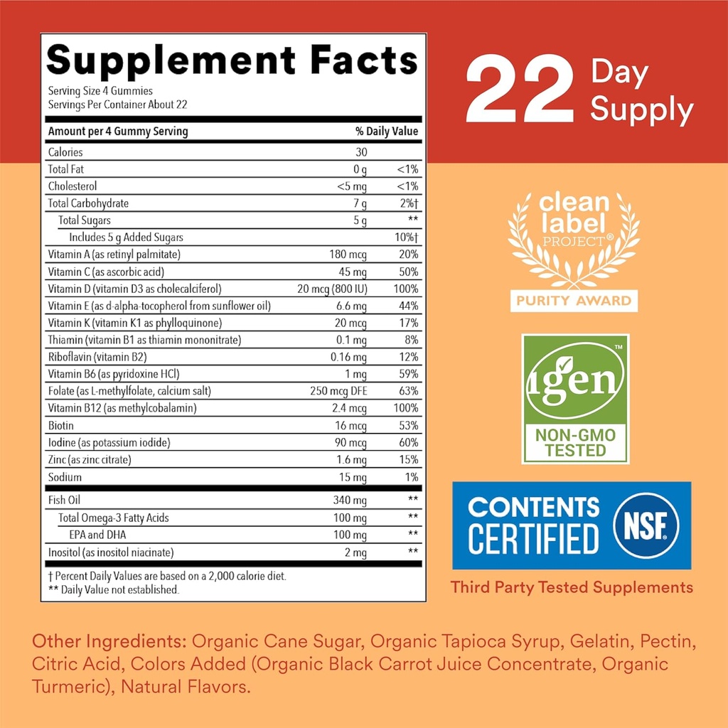 SmartyPants Kids Multivitamin Gummies: Omega 3 Fish Oil (EPA/DHA), Vitamin D3, C, Vitamin B12, B6, A, K & Zinc for Immune Support, Biotin, Gluten Free, Three Fruit Flavors, 90 Count (22 Day Supply) 5