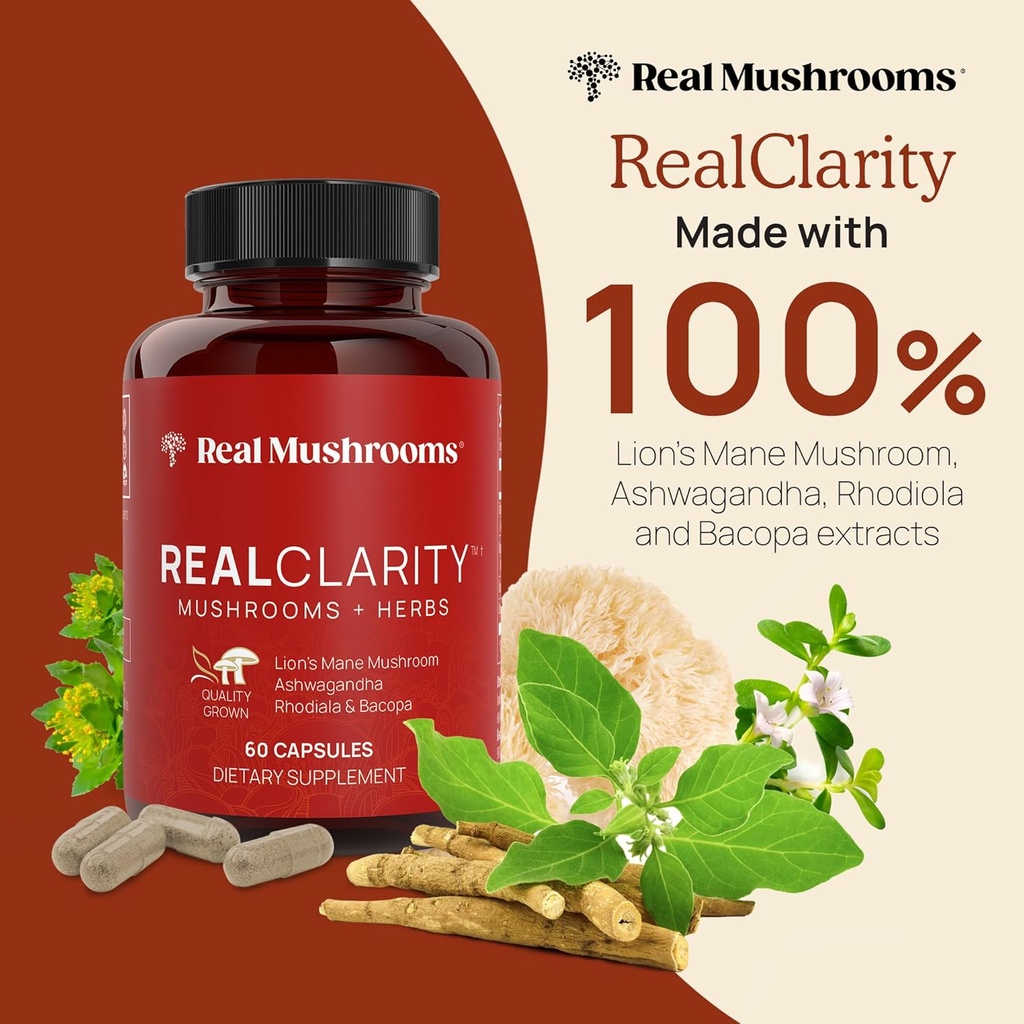 Real Mushrooms RealClarity (60ct) and Lions Mane (120ct) Capsules Bundle - Mushroom Supplement for Brain Health, Mental Clarity, Focus, Cognition & Immune Support - Brain Vitamins w/Ashwagandha 3