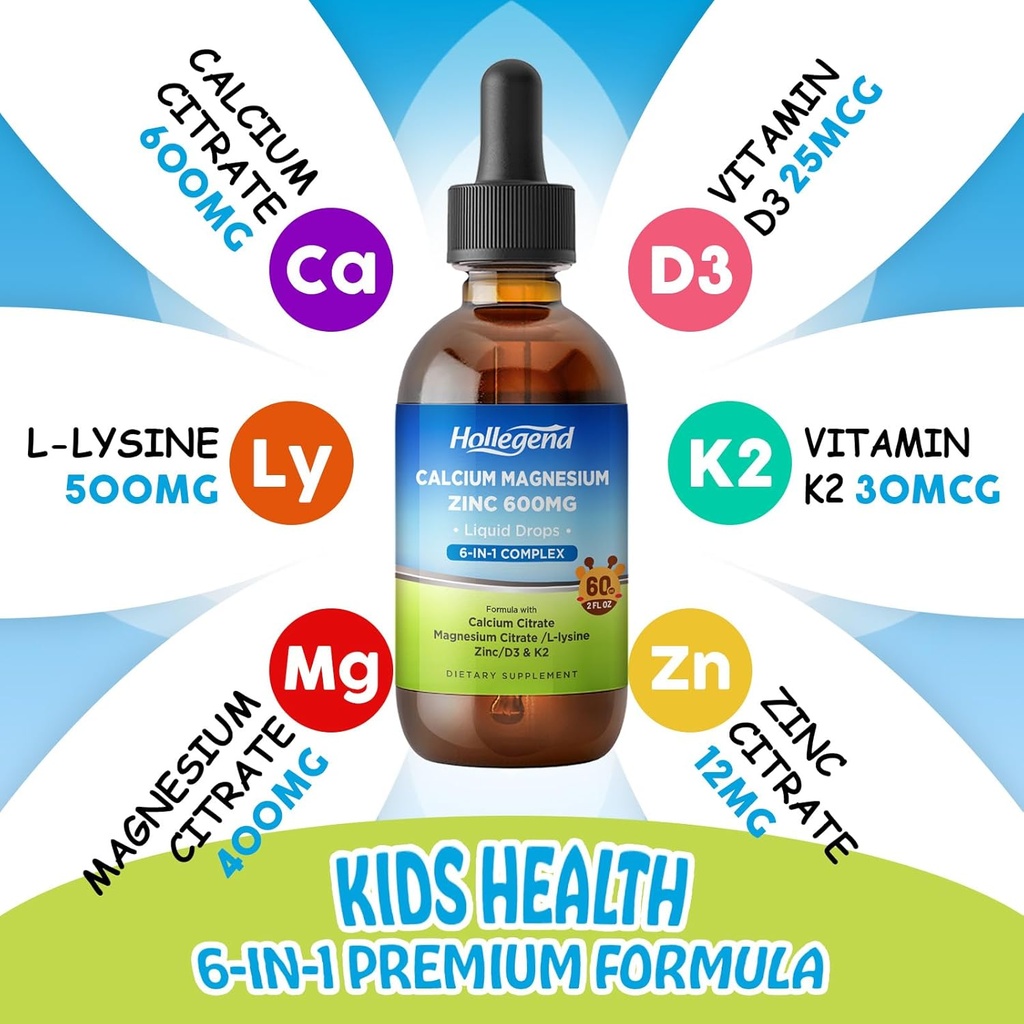 Liquid Calcium Citrate Drops with L-Lysine 500mg, Magnesium & Zinc, Calcium Citrate 600mg Supplement with Vitamin D3 & K2 for Kids & Adults, 2 Fl Oz 4