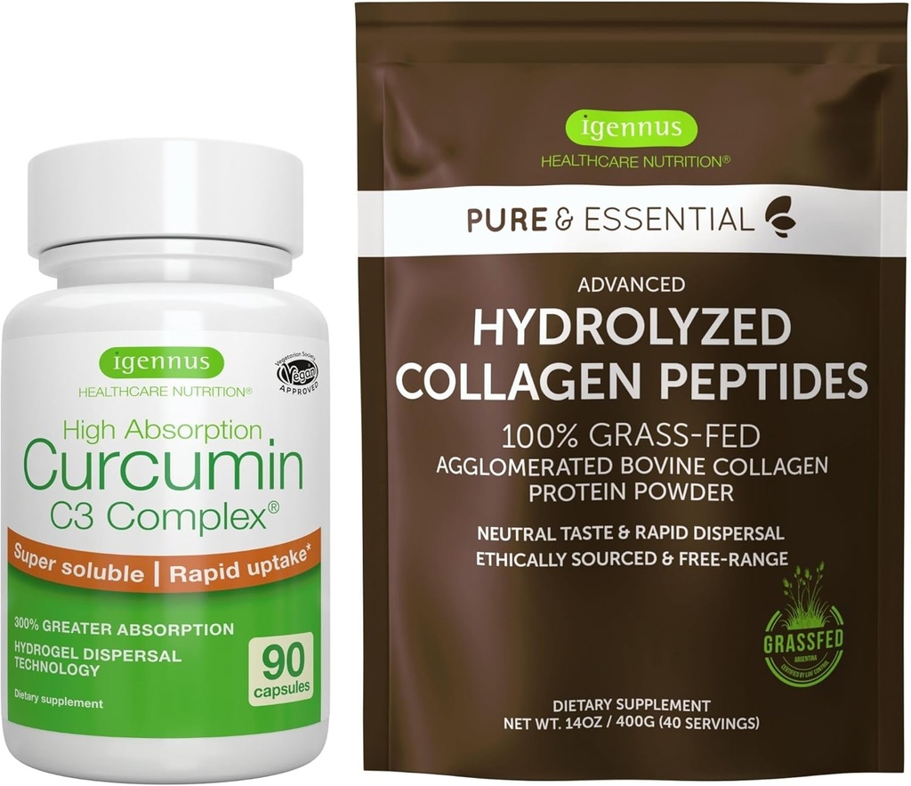 100% Grass-Fed Bovine Collagen Powder + High Absorption Curcumin C3 Complex Sport & Recovery Bundle, 300% Greater Absorption Curcuminoids with Rapid Uptake, by Igennus 2
