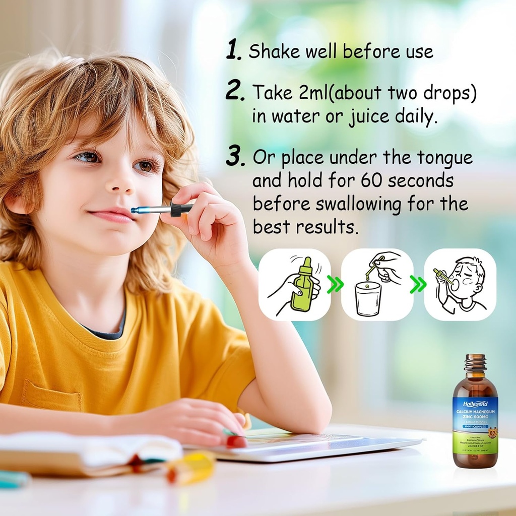 Liquid Calcium Citrate Drops with L-Lysine 500mg, Magnesium & Zinc, Calcium Citrate 600mg Supplement with Vitamin D3 & K2 for Kids & Adults, 2 Fl Oz 6