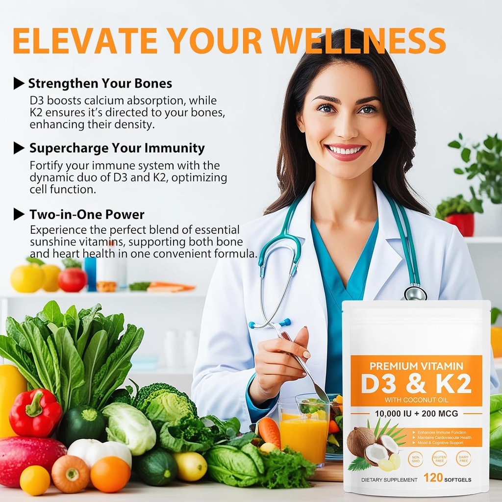 120 Softgels Vitamin D3 K2 10000IU 200MCG - Coconut Oil - Support Immune, Heart Health - Maintains Cardiovascular Health - Superior Absorption- Easy to Swallow 4