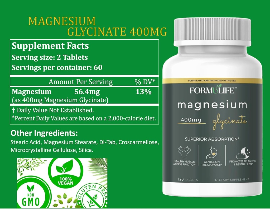 Magnesium Glycinate 400 mg - 120 Tablets - High Absorption, mag Supplement for Leg Cramps, Ease Muscles, Heart, Calm, Support Stress, Bone & Nerve Health, Magnesium Supplement, Made in USA, Vegan 6