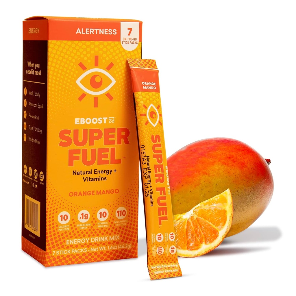 EBOOST Energy Drink Powder, Super Fuel - Orange Mango, 7 Packets - Pre-Workout Powder Energy Drink Mix - Natural Energy, L-Tyrosine, L-Theanine & Vitamins - Preworkout for Women & Men to Go 2