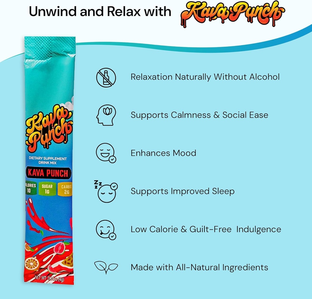 KAVA PUNCH Relaxation Drink Mix – 12 Stick Pack Pouch with Kava Kava Extract for Stress Relief | Non-Alcoholic, Low-Calorie, Healthy Alternative Beverage | Portable Alcohol-Free Buzz Drink 4