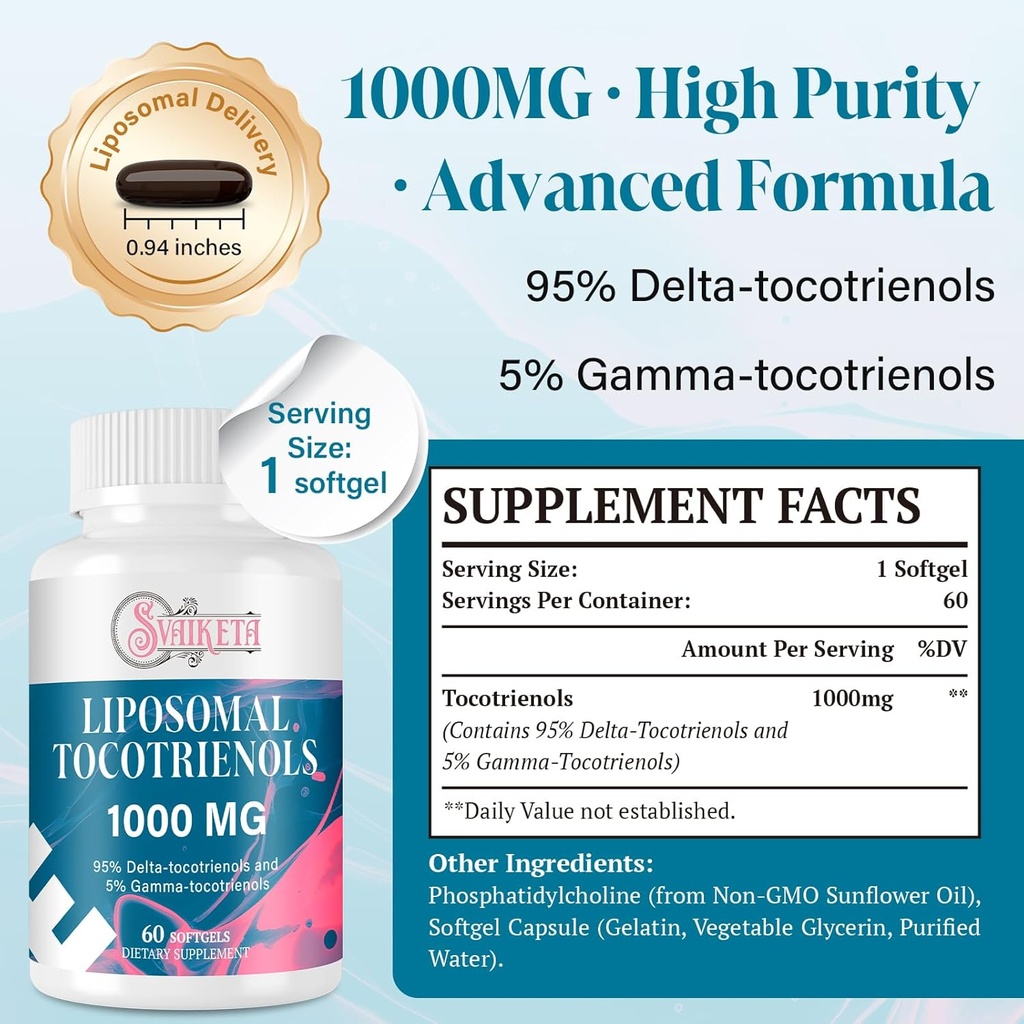 Liposomal Tocotrienols Supplement 1000mg, Vitamin E, Advanced Formula with 95% Delta-Tocotrienols & 5% Gamma-Tocotrienols - 60 Softgels (2 Bottles) 3