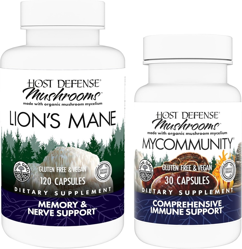 Host Defense Bundle with Lion's Mane Capsules, 120 Count & MyCommunity Capsules, 30 Count - Support Brain Health, Memory & Focus - Support Immune Health with 17 Species Mushroom Blend* 2