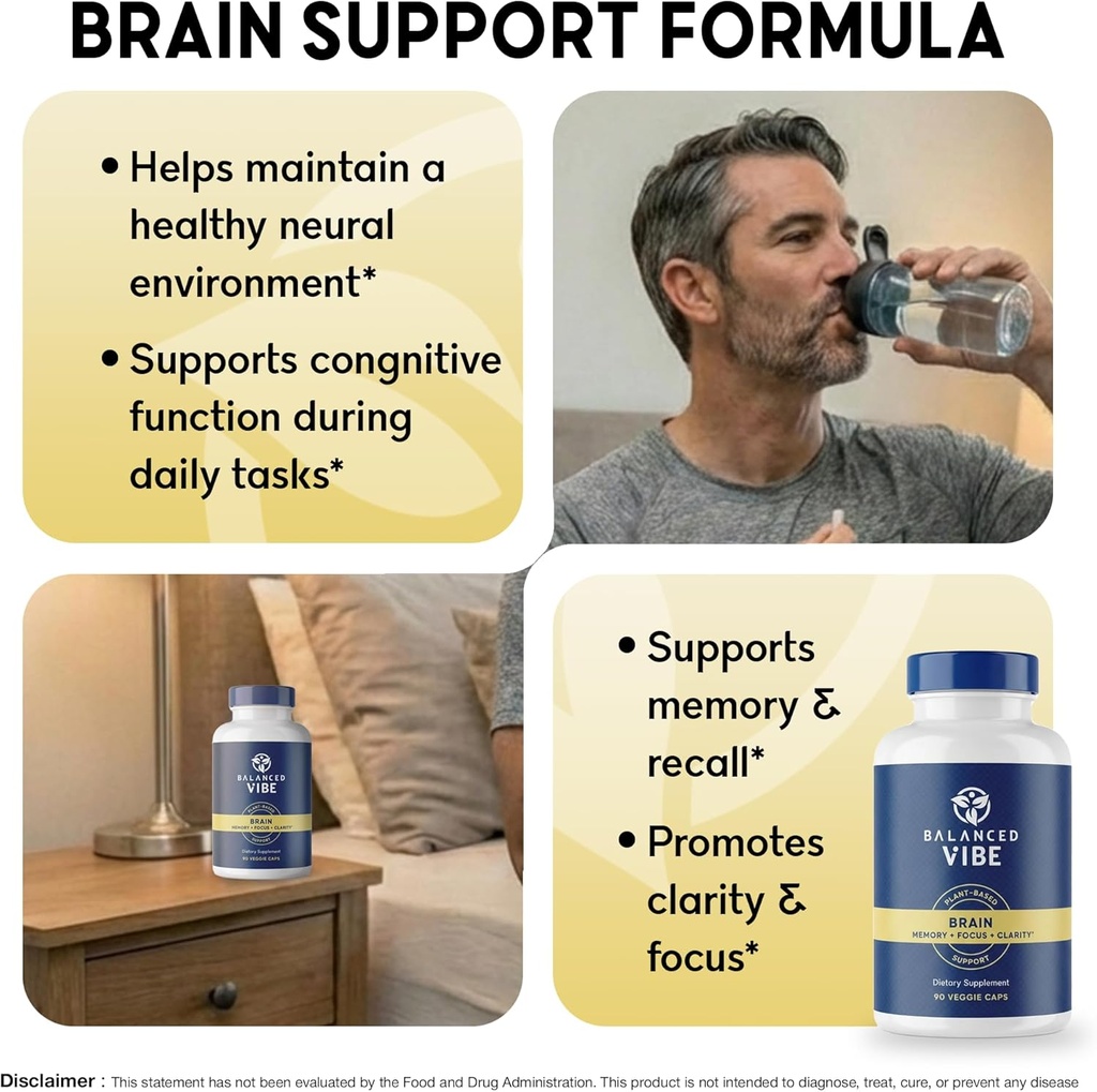 Balanced Vibe Brain Formula | Organic Plant-Based Nootropic for Focus, Clarity & Memory | Organic Lion’s Mane, Ginkgo, Bacopa, Rhodiola, Gotu Kola | Vegan Capsules | 30 Day Supply 3