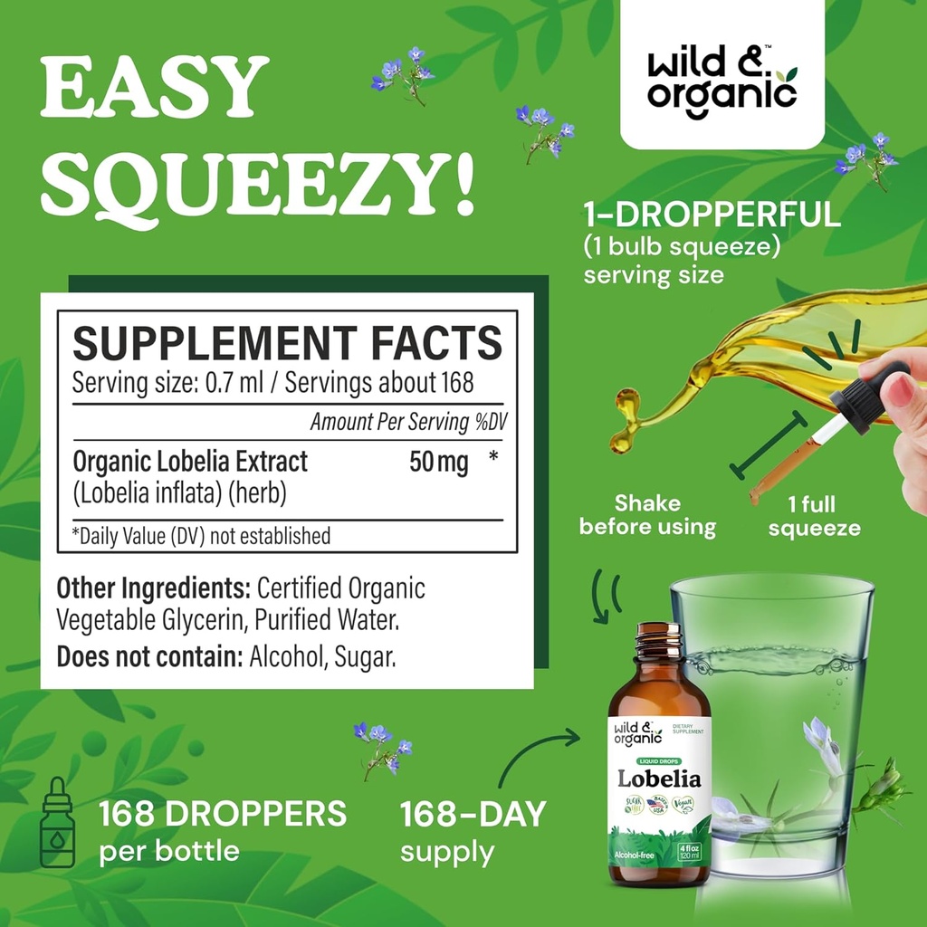 Wild & Organic Lobelia Tincture - Lung Detox and Cleanse - Liquid Lobelia Herb Supplement - Vegan, Sugar & Alcohol-Free Leaf Extract Drops - 4 fl oz 4