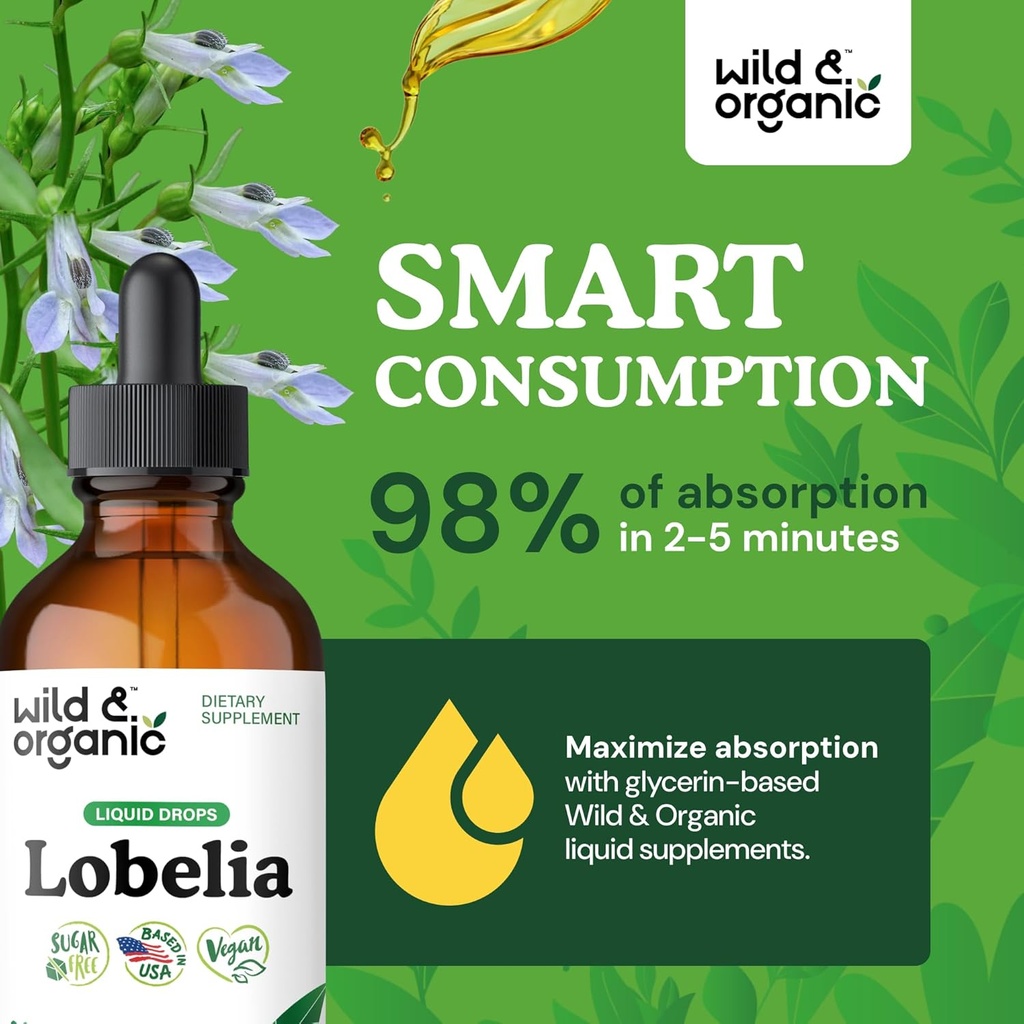 Wild & Organic Lobelia Tincture - Lung Detox and Cleanse - Liquid Lobelia Herb Supplement - Vegan, Sugar & Alcohol-Free Leaf Extract Drops - 4 fl oz 5