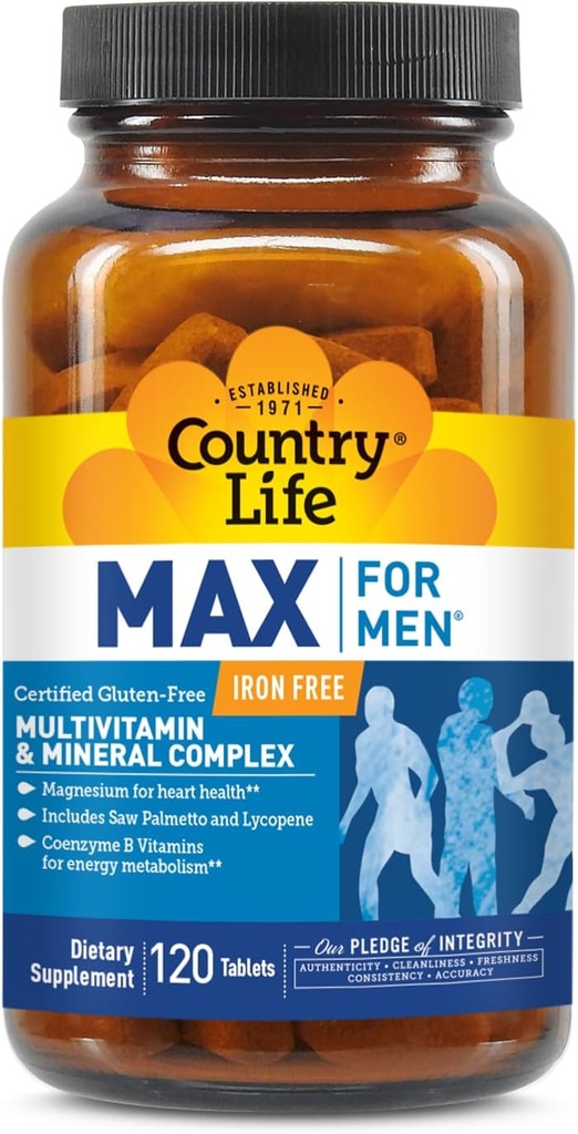 Country Life Max for Men Multivitamin: Iron-Free, Gluten Free, Saw Palmetto, Lycopene, Daily Support for Energy, Heart & Men's Health,120 Vegetarian Tablets 2
