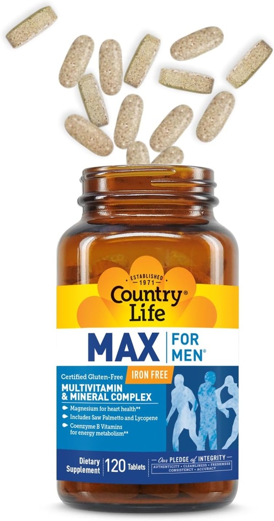Country Life Max for Men Multivitamin: Iron-Free, Gluten Free, Saw Palmetto, Lycopene, Daily Support for Energy, Heart & Men's Health,120 Vegetarian Tablets 5