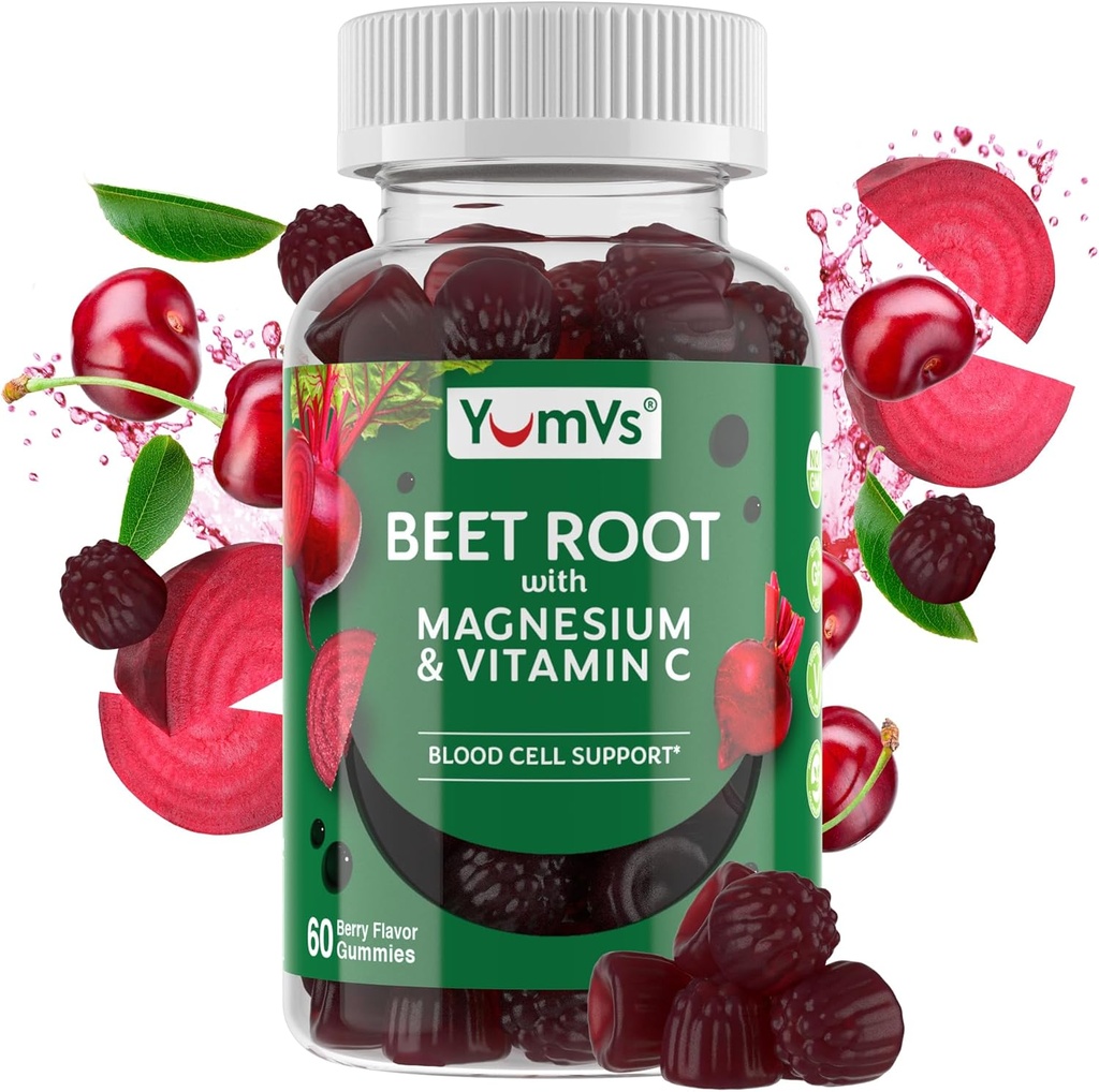 YumVs Beet Root Gummies with Magnesium and Vitamin C - Berry Flavor Beetroot Gummies - Beet Chews for Blood Circulation and Antioxidant Support - Red Beet Gummy- Berry 60 Count (Pack of 1) 2
