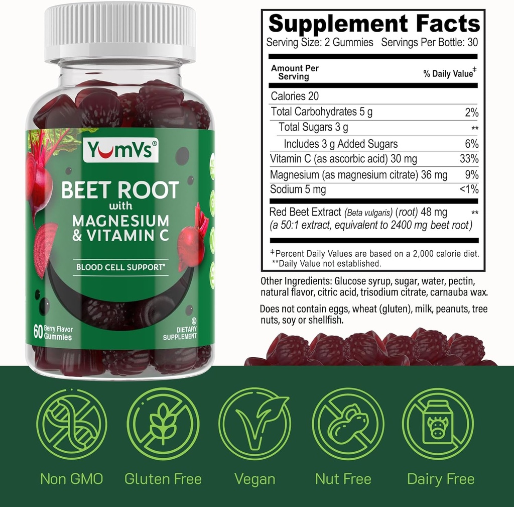 YumVs Beet Root Gummies with Magnesium and Vitamin C - Berry Flavor Beetroot Gummies - Beet Chews for Blood Circulation and Antioxidant Support - Red Beet Gummy- Berry 60 Count (Pack of 1) 6